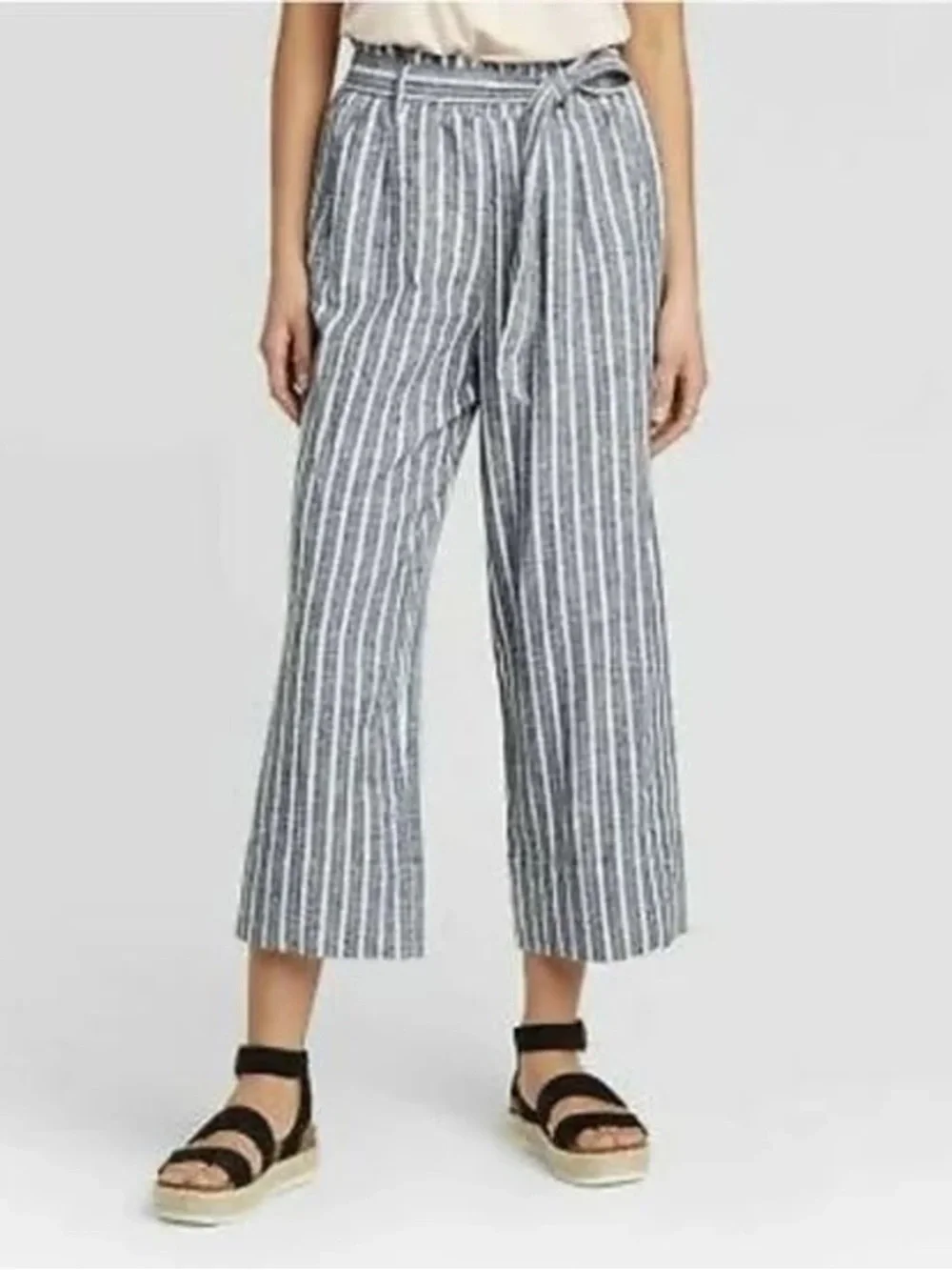 Knox Rose Linen Blend Striped Wide Leg Paper-bag Boho Belted Pants Size XXL - Picture 1 of 7